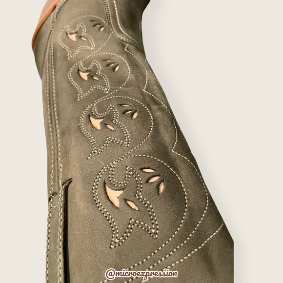 VINTAGE 1980 Frye Austin Sage Green Real Leather Floral Embroidered Cowboy Boot - Picture 9 of 14